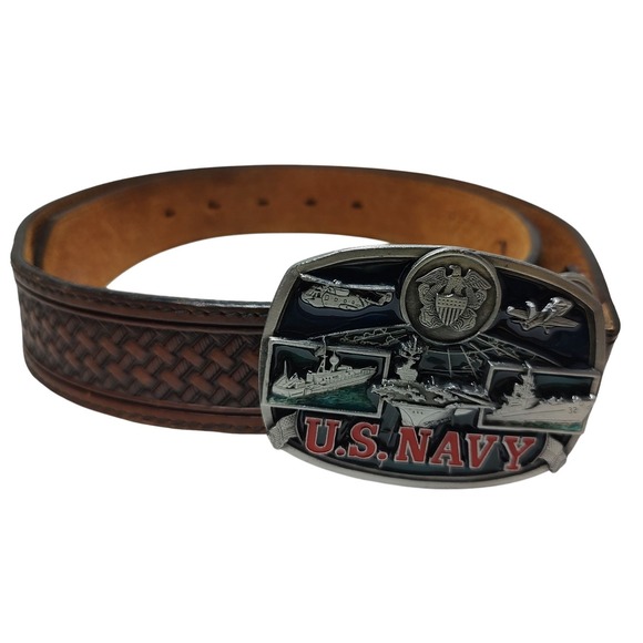 Silver Creek Leather Belt 36 82808 with US‎ Navy Belt  Buckle Bergamont Vintage - Picture 1 of 12